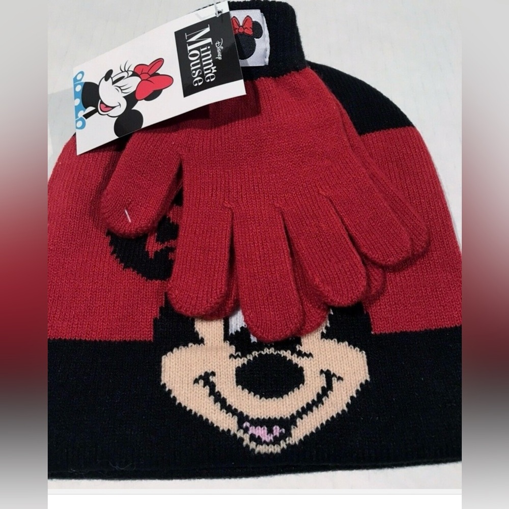 Disney Minnie Mouse Red and Black Kids Beanie and Gloves Set - Picture 3 of 3